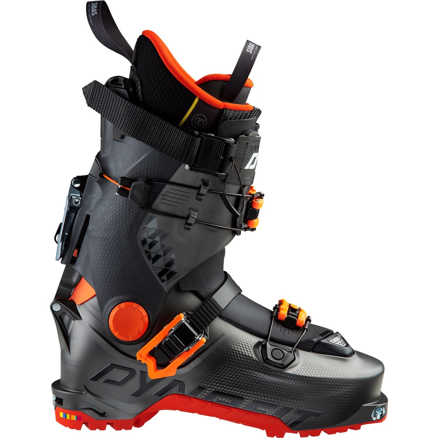 black and orange 3 buckle, 3 piece ski touring boots with hoji lever lock system