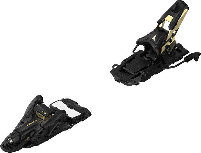 front ariel view of alpine touring ski bindings with din certification in the toe and heel piece and also a brake