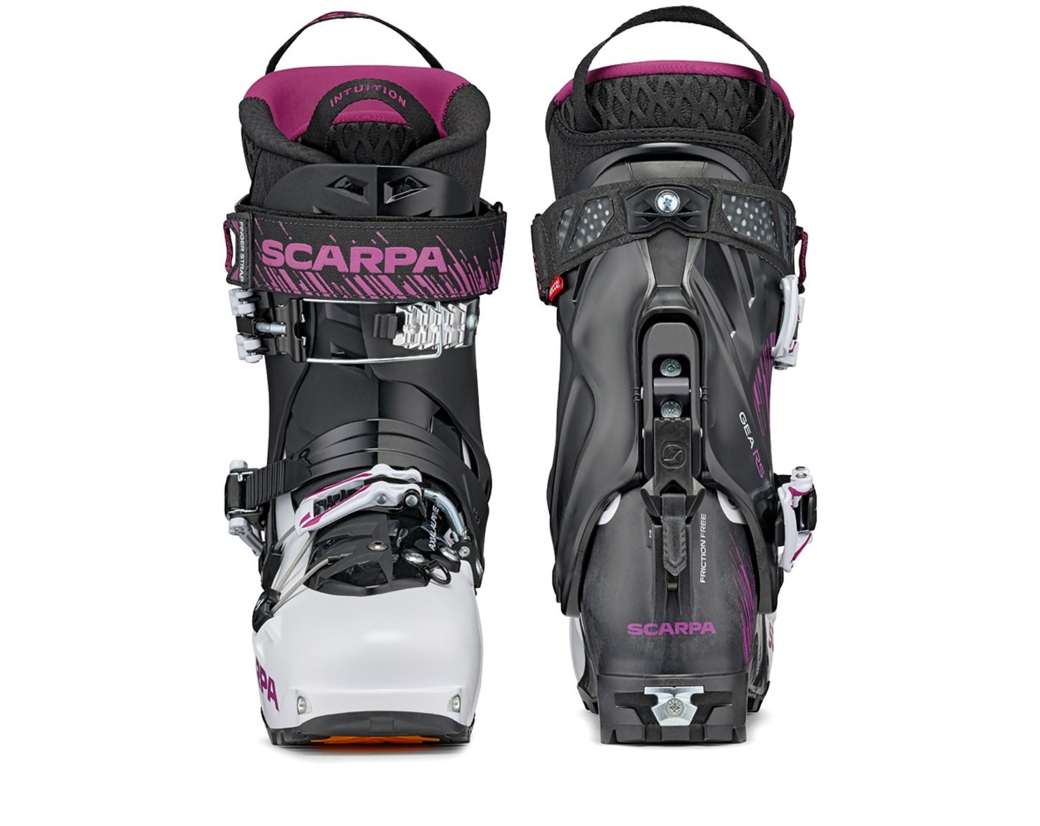 front and back shot of the scarpa gea women's ski boots