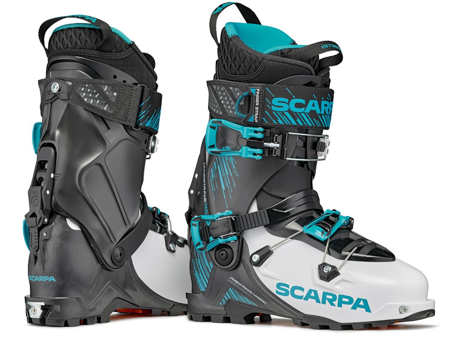 white and black three buckle, 2 piece ski touring boots, Scarpa meastrale 2022