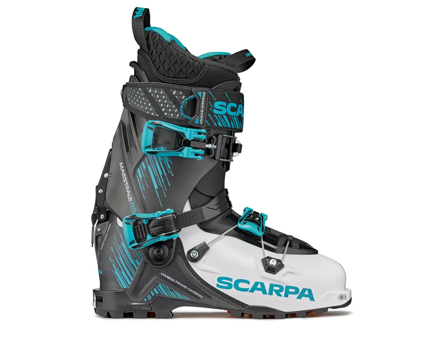 white and black three buckle, 2 piece ski touring boots, Scarpa maestrale 2022