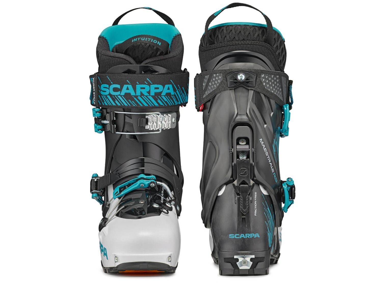 white and black three buckle, 2 piece boot with ski/walk mechanism ski touring boots, Scarpa maestrale 2022